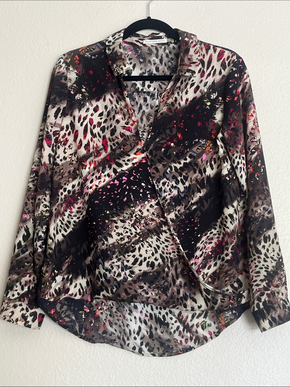 Mustard Seed Multicolor Leopard Print Faux Wrap Blouse, Size Small